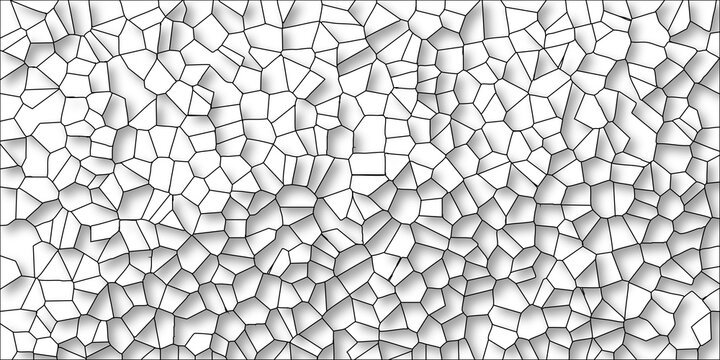 Monochromatic abstract geometric mosaic texture with irregular polygon shapes and subtle shadow casting on a clean white background creating a versatile and modern surface pattern for design