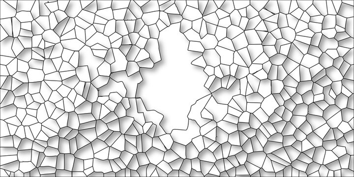 Cracked cell pattern with a large central void and black outlines on a white background, suggesting broken structures or negative space for design