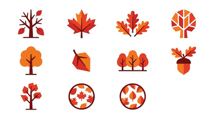 A collection of stylized autumn tree and leaf illustrations in warm orange, red, and brown tones. © tr