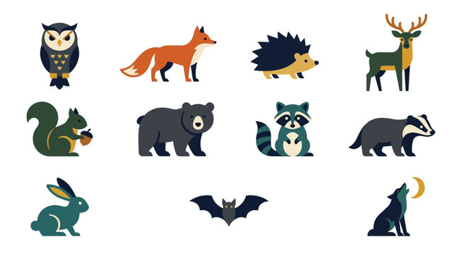 A charming collection of stylized forest animals, including an owl, fox, hedgehog, deer, squirrel, bear, raccoon, badger, rabbit, bat, and wolf.
