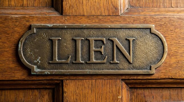 Bronze lien plaque on wooden door panel.
