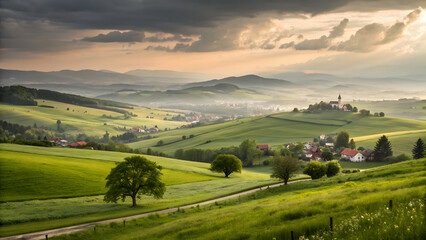 Fototapeta premium Dreamy countryside landscape with rolling hills and trees