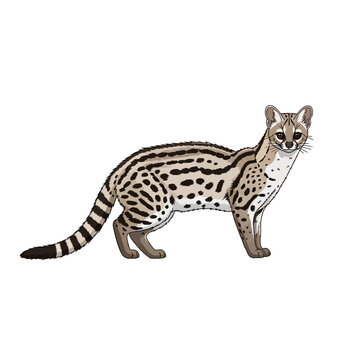 A Detailed illustration of a wild gennet, also known as a genet cat, with its characteristic spotted fur and long, banded tail, presented on a white background