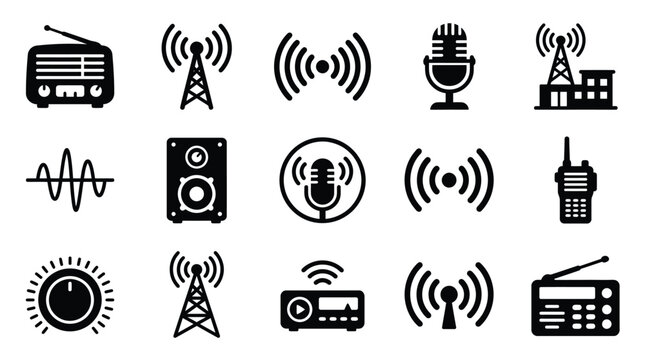 Collection of radio and broadcast icons, including radios, microphones, antennas, speakers, and signal waves.