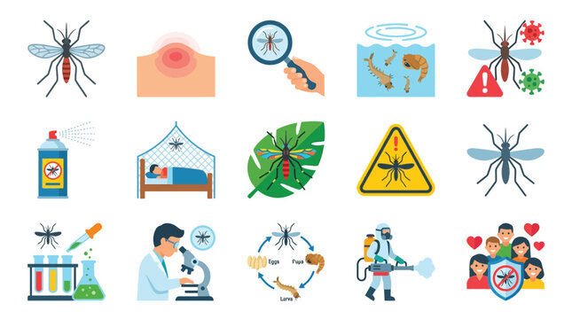 Collection of icons illustrating mosquito-related issues, including bites, breeding, disease transmission, prevention methods, and control strategies.
