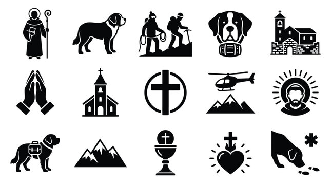 Collection of Icons Representing Religious Figures, Dogs, Mountains, and Rescue Services.