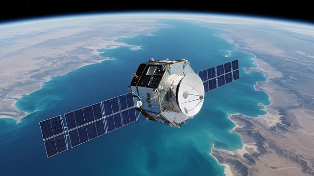 Advanced communication satellite with expansive solar arrays orbits high above Earth, meticulously designed for global data transmission, surveillance, and scientific observation from space.