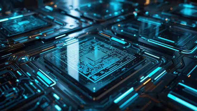 Futuristic circuit board with glowing blue traces reflective microchip surface motherboard pcb
