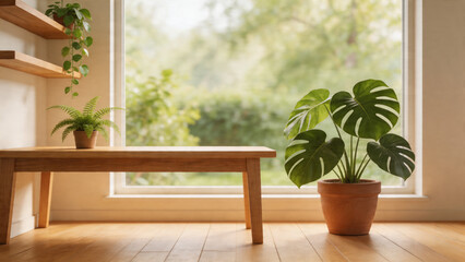 Fototapeta premium Biophilic Home Office with Lush Indoor Plants and Garden View - Virtual Background