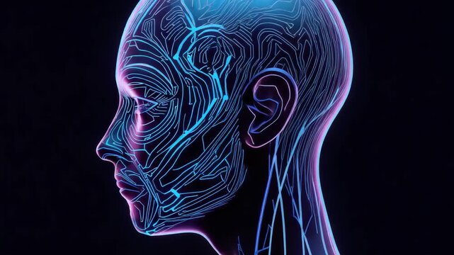 Neon cybernetic female bust with glowing circuit lines and futuristic blue magenta linework