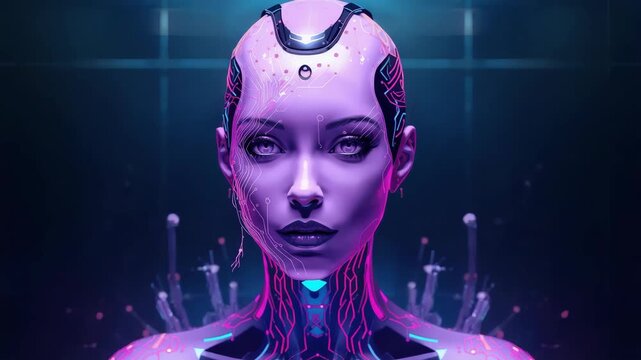 Cybernetic female android portrait neon circuitry serene expression futuristic portrait blue pink