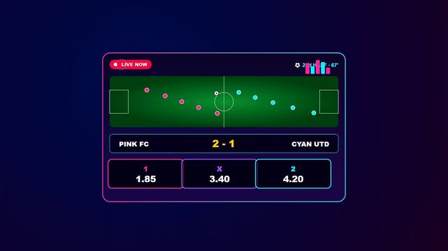 A sophisticated and luminous Sports Betting Interface exhibits fluid football match simulations coupled with fluctuating gambling odds inside a vibrant neon cybernetic gambling ecosystem