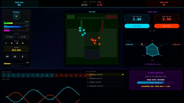 An advanced sports betting interface featuring real time holographic data visualization and dynamic gaming statistics updating rapidly across a futuristic dark themed digital dashboard