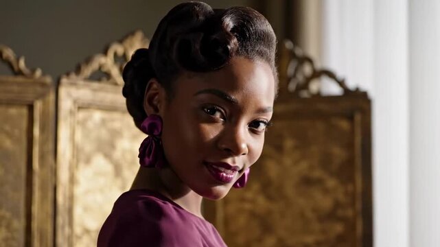 50s attire female portrait of woman in plum dress with statement bow earrings, sculpted rolled hair, golden vintage cabinet, side window glow, elegant retro evening style with confident gaze