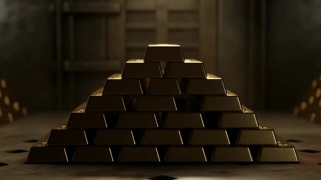 A magnificent stack of gleaming gold bars is meticulously arranged in a pyramidal formation, symbolizing immense wealth and financial security within a secure, darkened vault.