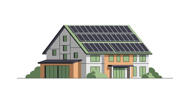 Modern Sustainable House Illustration with Solar Panels on Roof, Eco-Friendly Residential Building Vector for Green Energy Concepts
