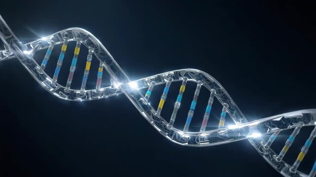 Glowing transparent molecular DNA double helix strand with colorful base pairs and futuristic