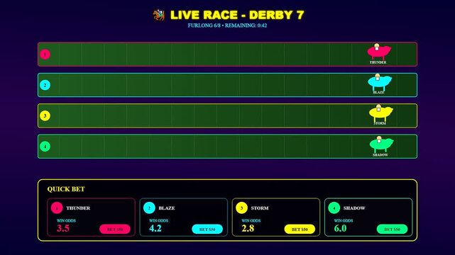 A dynamic sports betting interface showcasing a digital animal race where colorful characters sprint across a neon track for high stakes online gambling entertainment