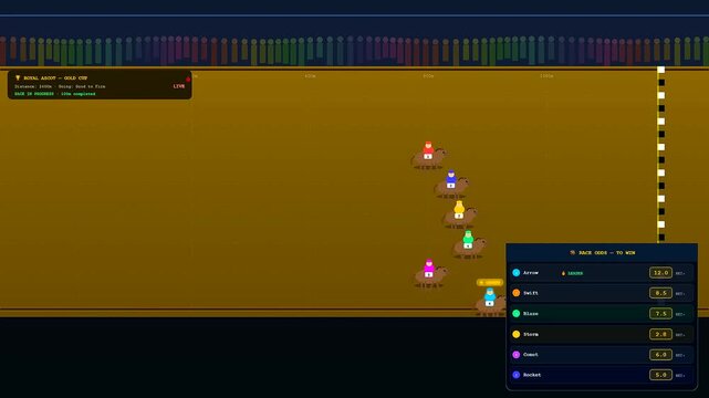 A whimsical sports betting interface depicts anthropomorphic bears sprinting across a golden field while a digital wagering menu displays dynamic odds for the players