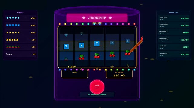 A luminous neon digital sports betting interface showcasing a virtual slot machine with rotating reels and golden jackpot symbols for high stakes gaming environments