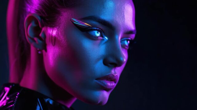 Neon portrait woman glowing eye futuristic makeup cyberpunk moody cinematic lighting