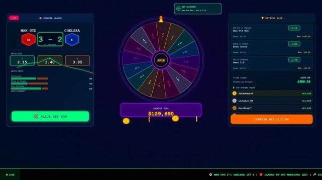A futuristic Sports Betting Interface displaying dynamic match scores and a spinning prize wheel with neon aesthetics for modern digital gambling applications in cyberspace