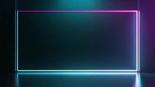 Neon rectangle frame glowing pink and cyan on dark reflective floor with futuristic moody lighting