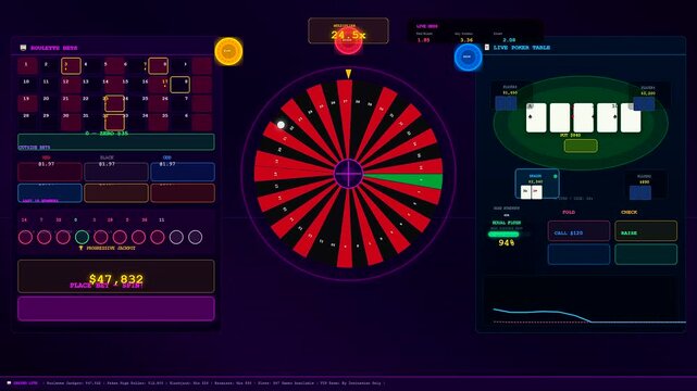 An electric purple sports betting interface captures the thrill of a spinning roulette wheel and escalating digital winnings within a futuristic online gambling environment