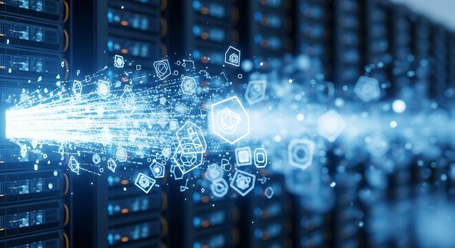 Digital data stream flowing from server racks with glowing icons representing technology and connectivity