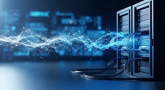 Digital data stream flowing into modern server racks representing cloud computing and network connectivity