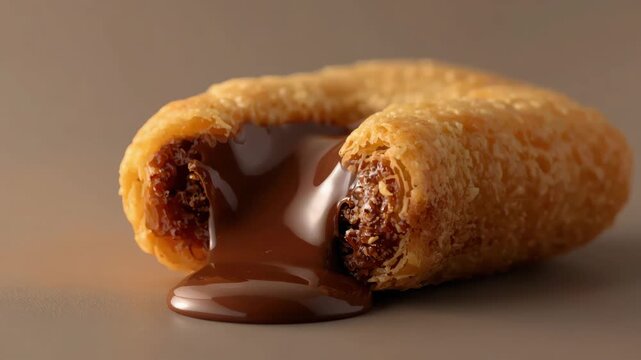 Chocolate molten filling oozing from crispy golden pastry shell gooey indulgent dessert