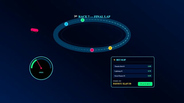 An intricate Sports Betting Interface depicting a futuristic virtual race with animated markers gliding across a neon oval track for high stakes digital gambling entertainment