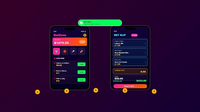 A dynamic sports betting interface showing real time balance updates and winning notifications on a sleek mobile device against a deep purple gradient backdrop
