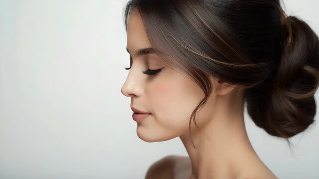 Young woman profile portrait with elegant bun updo hairstyle serene expression soft smile