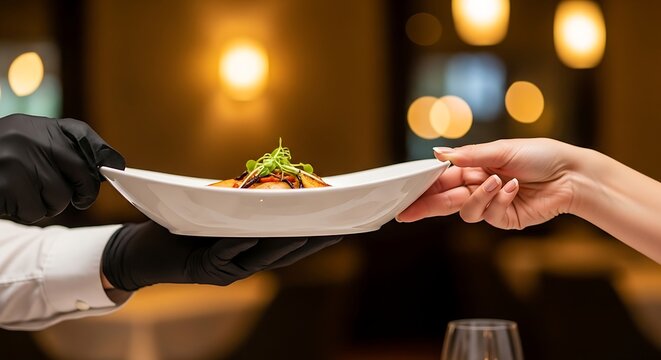 Waiter serving a gourmet dish to a diner in an elegant restaurant