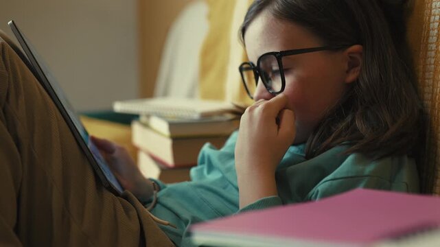 Little Girl in Glasses Using Digital Tablet on Couch with Stack of Books, Child Studying with Pad at Home, 4K 10-bit