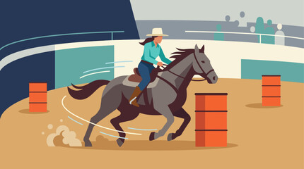 Fototapeta premium An exciting flat design illustration depicting a cowgirl and horse in swift action during a barrel racing event at the Calgary Stampede.