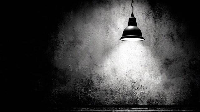 Dramatic illuminated industrial pendant lamp casting shadows on a textured wall