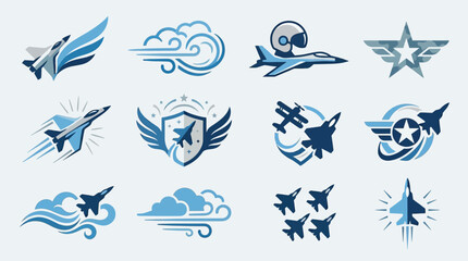 Collection of stylized vector illustrations featuring fighter jets, military aircraft, and aviation-themed emblems against abstract backgrounds. © tr