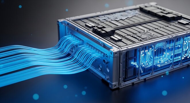 Futuristic electric battery pack with glowing blue energy streams flowing out, representing advanced technology and clean power for electric vehicles