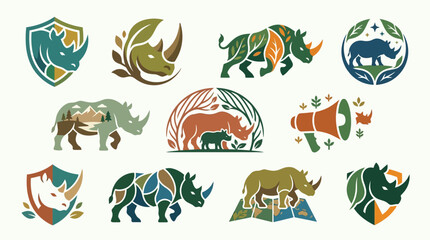 Collection of diverse rhino logos featuring natural elements and conservation themes. © tr