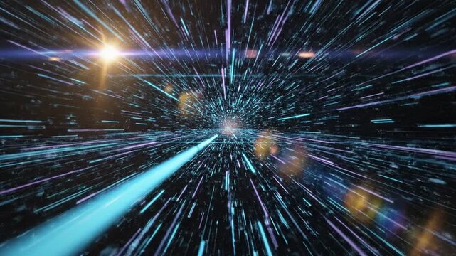 Cosmic Passage: A mesmerizing journey through space, showcasing vibrant light streaks that converge towards a distant star, offering a glimpse into the vastness of the cosmos.