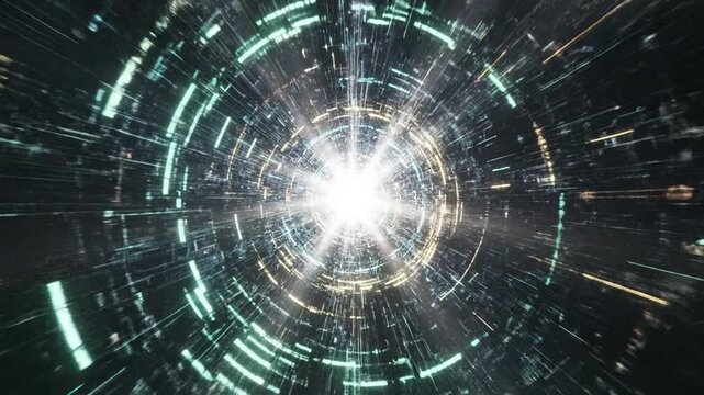 Cosmic Tunnel: An abstract depiction of a futuristic tunnel or wormhole, radiating light and energy, suggestive of space, time travel, and advanced technology. 
