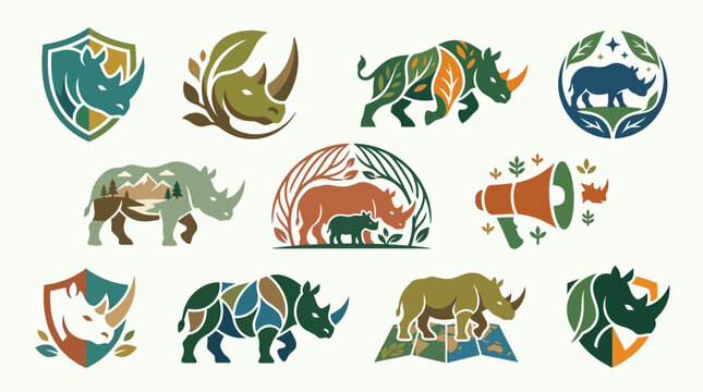 Collection of diverse rhino logos featuring natural elements and conservation themes.