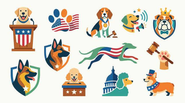 Collection of patriotic dog-themed illustrations representing various aspects of American civic life and government, featuring dogs in political settings and national symbols.