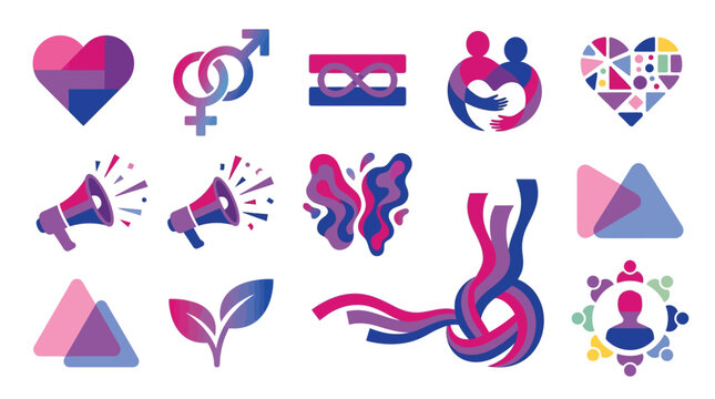 Collection of Bisexual Pride symbols and icons in various artistic styles, including hearts, abstract shapes, and community representations.