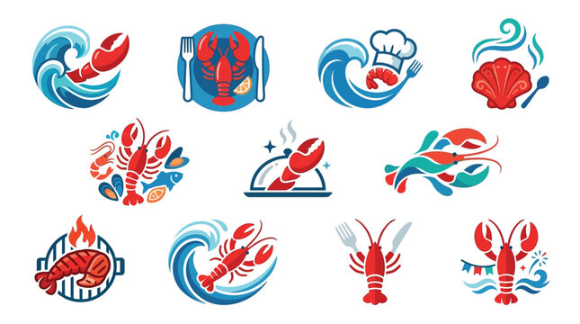 Collection of stylized lobster and seafood restaurant logos featuring waves, chefs hats, and grilling elements.