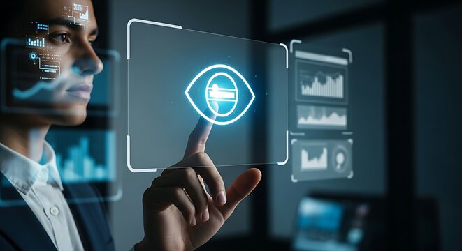Data privacy and information hiding. A security professional's hand touches an 'eye' icon with a slash through it, symbolizing data privacy and hiding information.