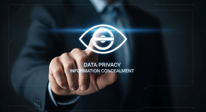 Data privacy and information hiding. A security professional's hand touches an 'eye' icon with a slash through it, symbolizing data privacy and hiding information.
