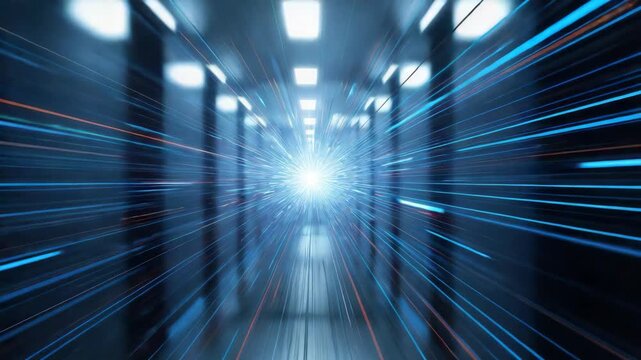Data center corridor with glowing blue light and motion blur streaks conveying speed and energy
